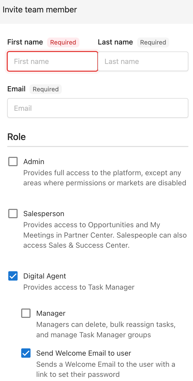 Invite Team Member form