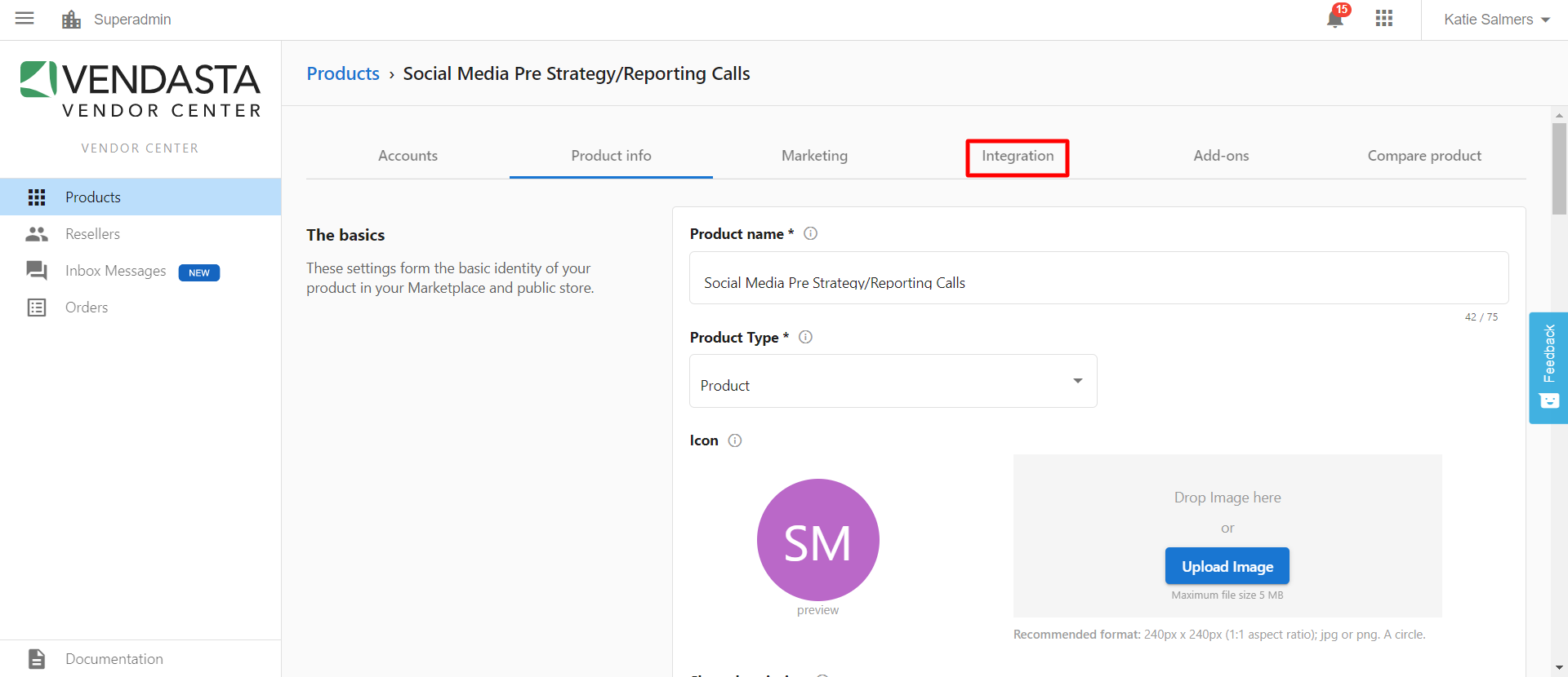 Integration tab in custom product