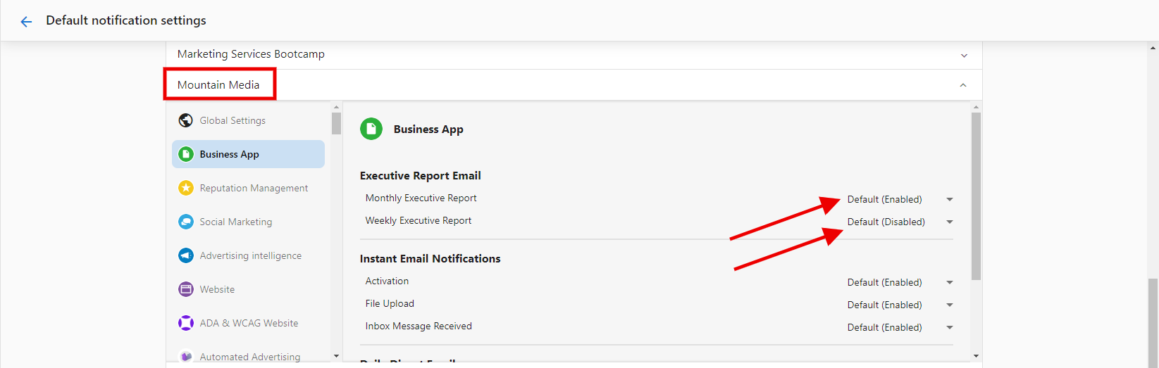 Executive Report Notification Settings