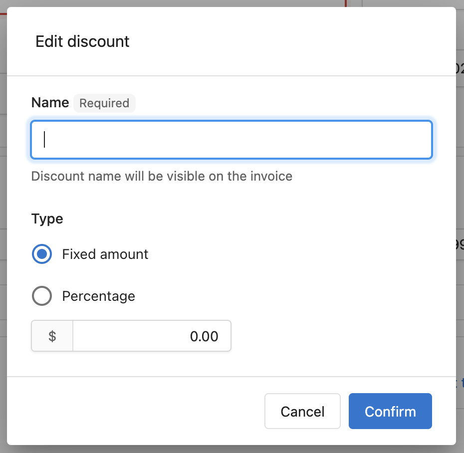 Edit discount dialog with name, type, and amount fields