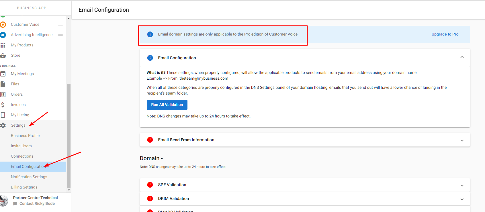 Email configuration interface in Customer Voice Pro