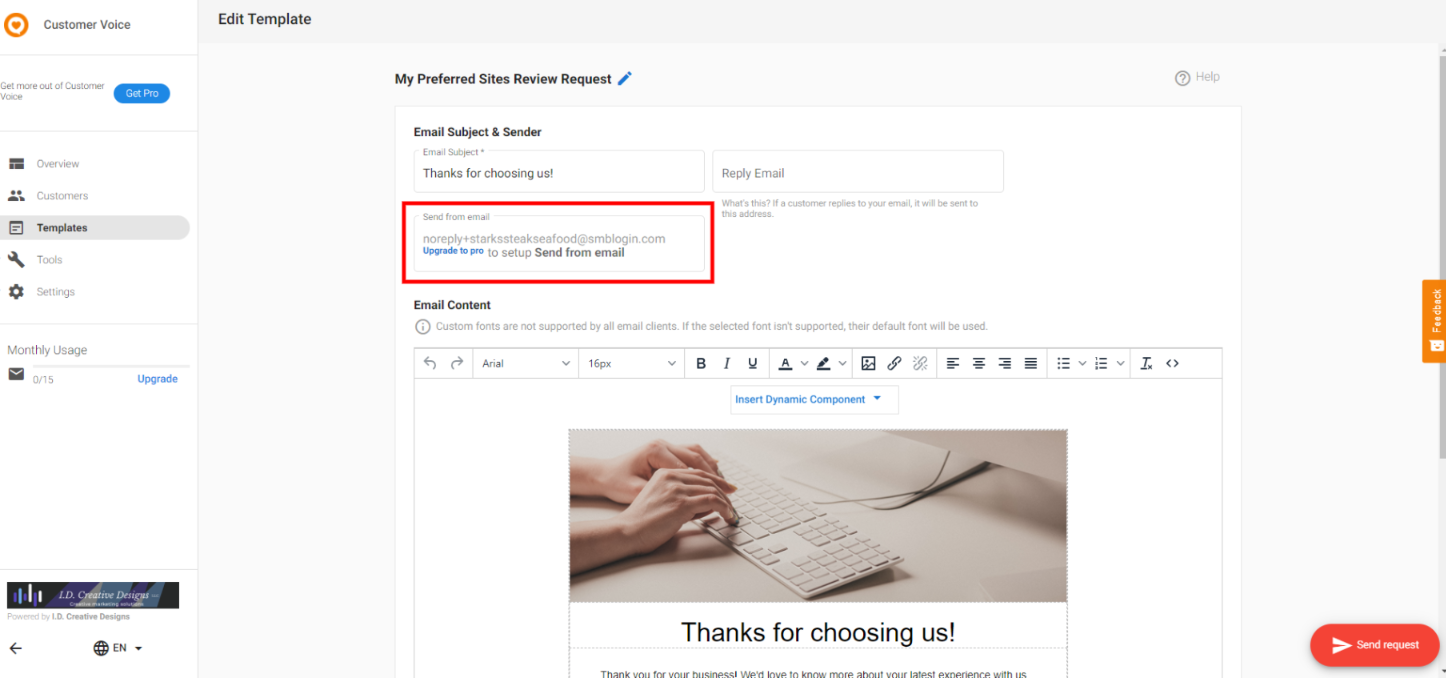 Email example showing noreply+businessname@smblogin.com