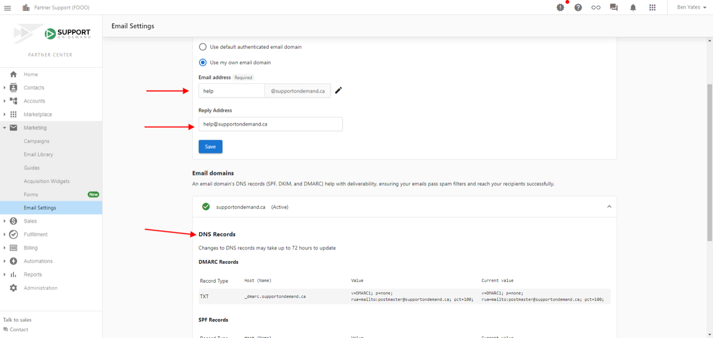 The Email settings page with Use my own email domain selected under Sender domain, a sending address on the partner's domain, and the Email domains section listing the domain with its DNS records