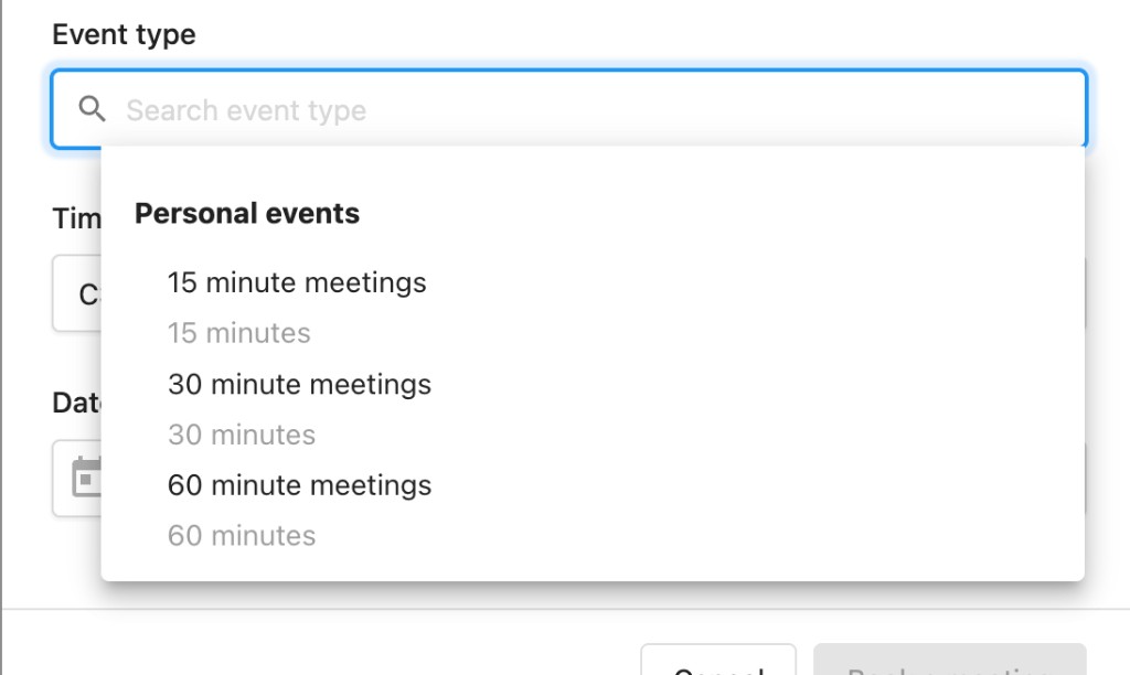 Event type selector when booking a meeting
