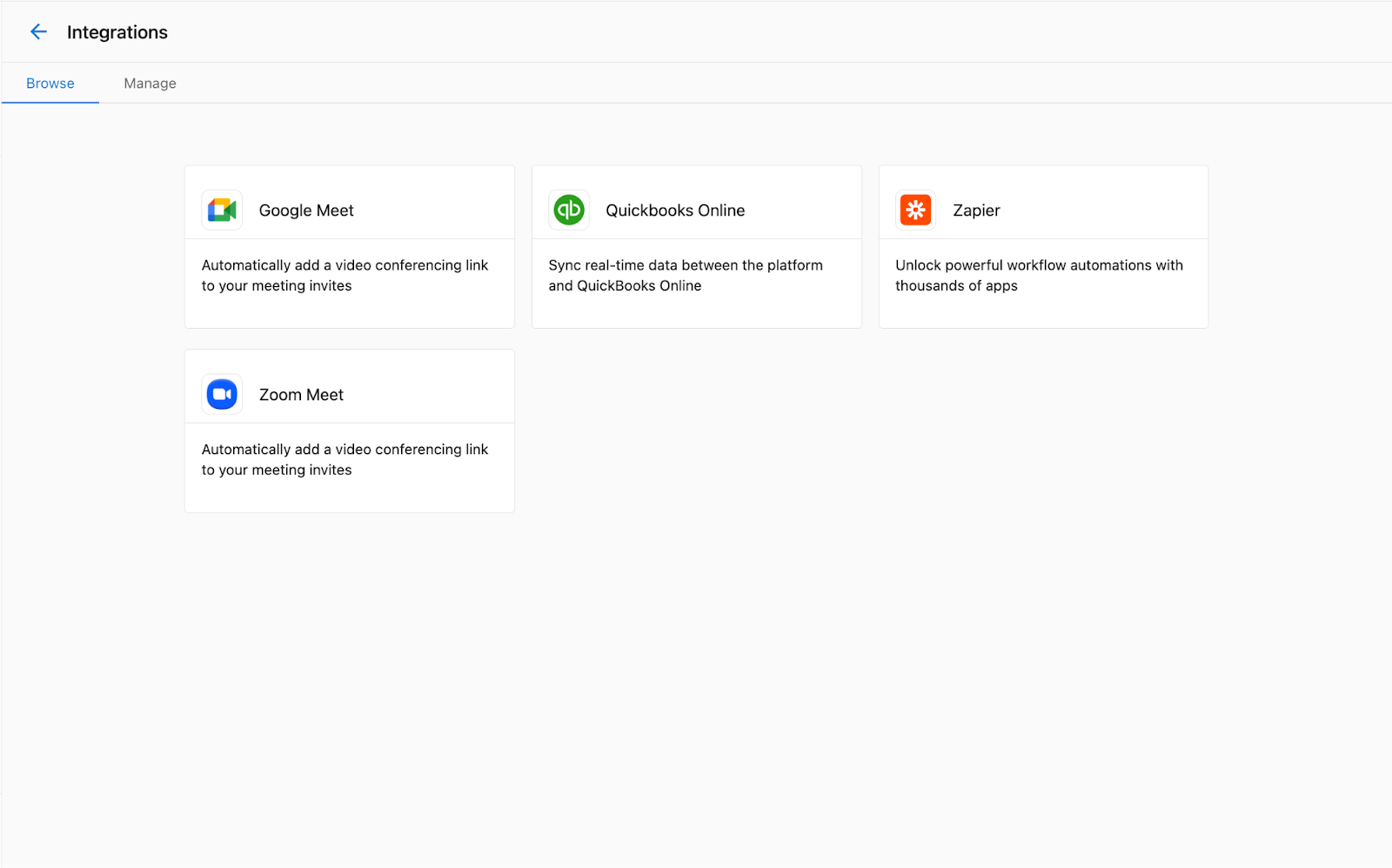 Google Meet and Zoom integration card