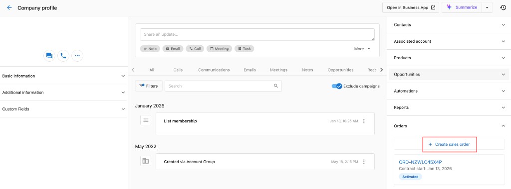Orders panel in CRM