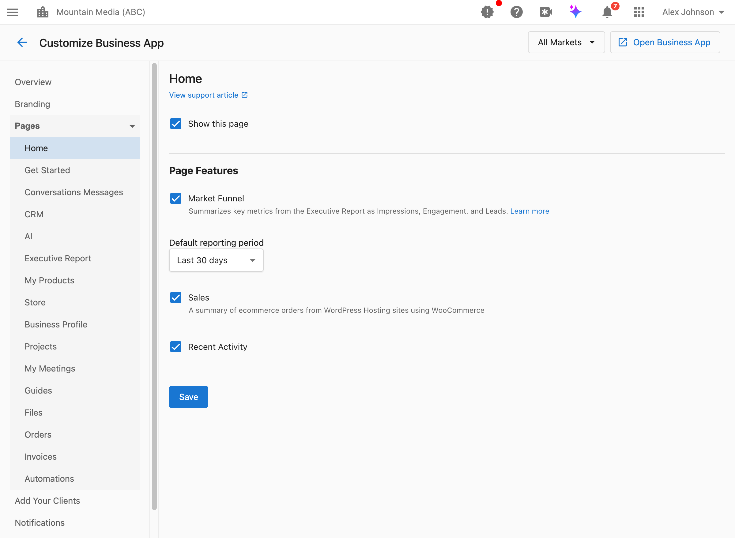 Page visibility settings in Customize Business App