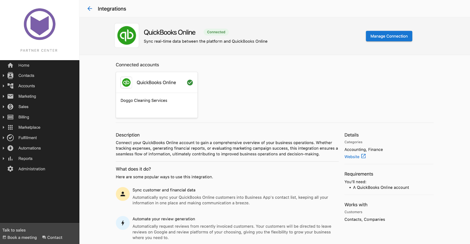 QuickBooks Connection on Manage Tab