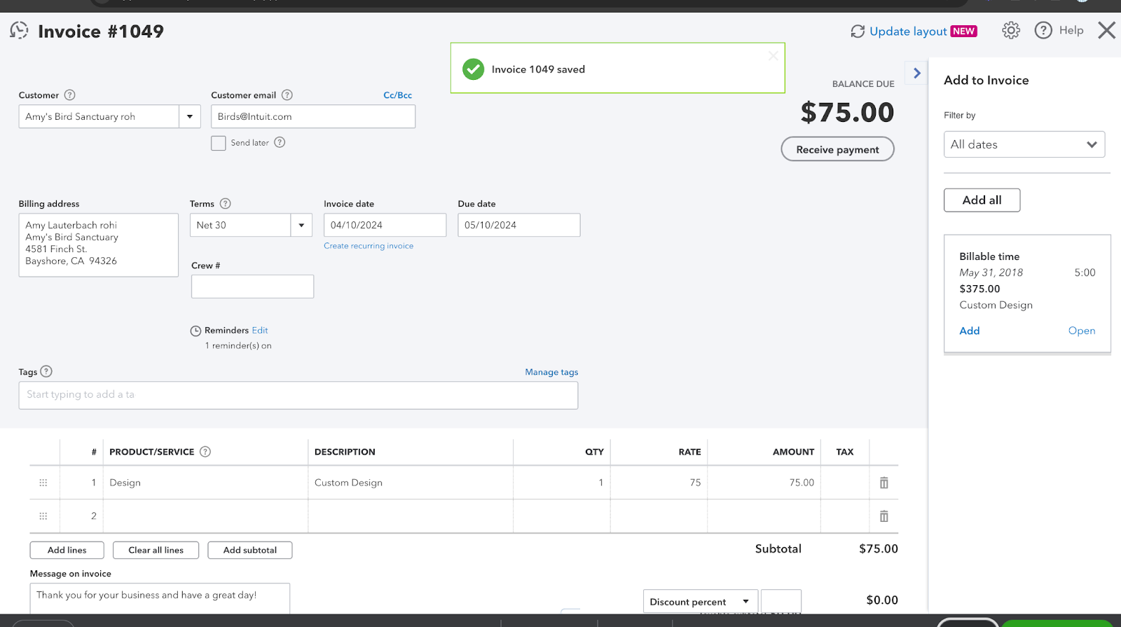 QuickBooks Invoice