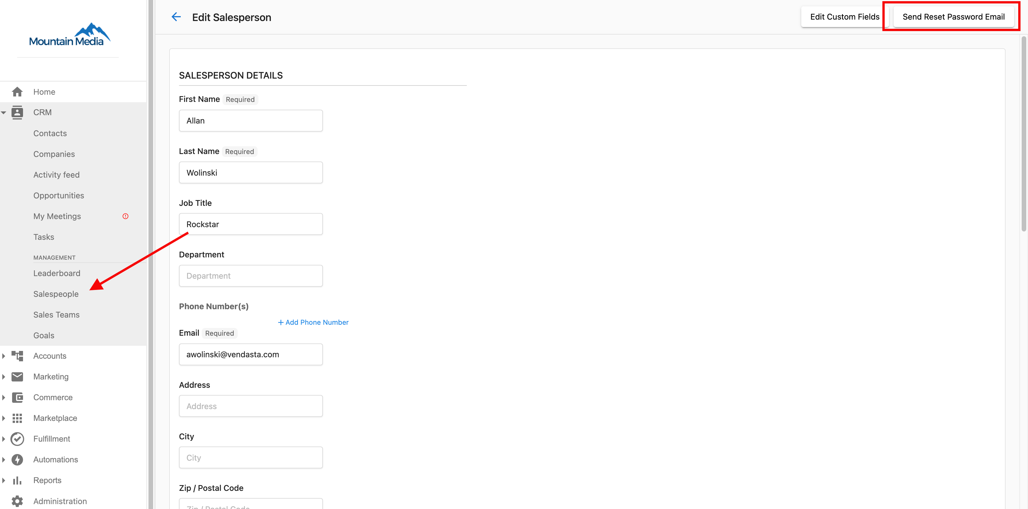Reset password for Salespeople