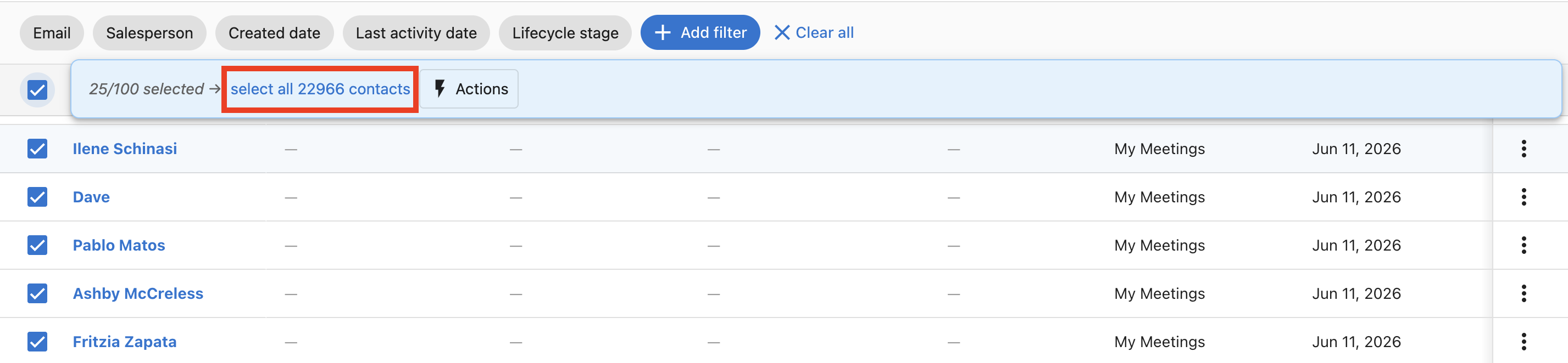 Select all contacts link highlighted