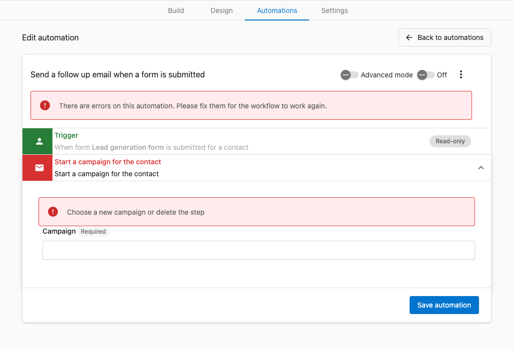 Form automation error message for automation