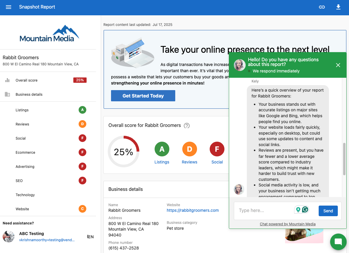 AI Chat widget embedded in a Snapshot Report