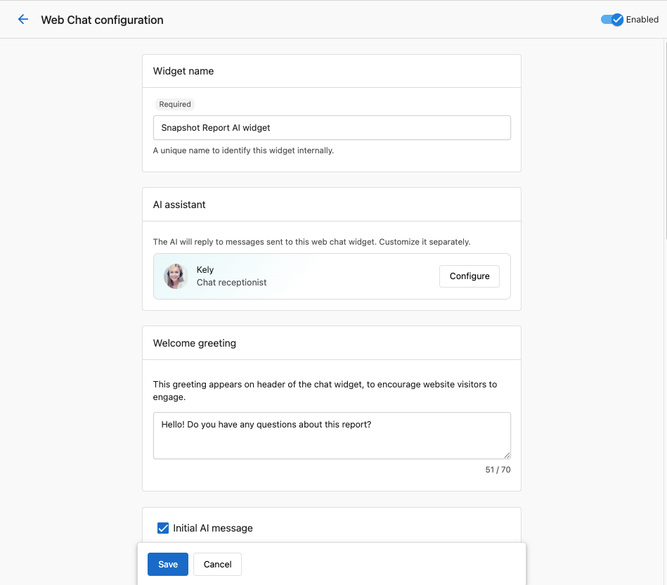 AI Receptionist settings screen with the enable toggle