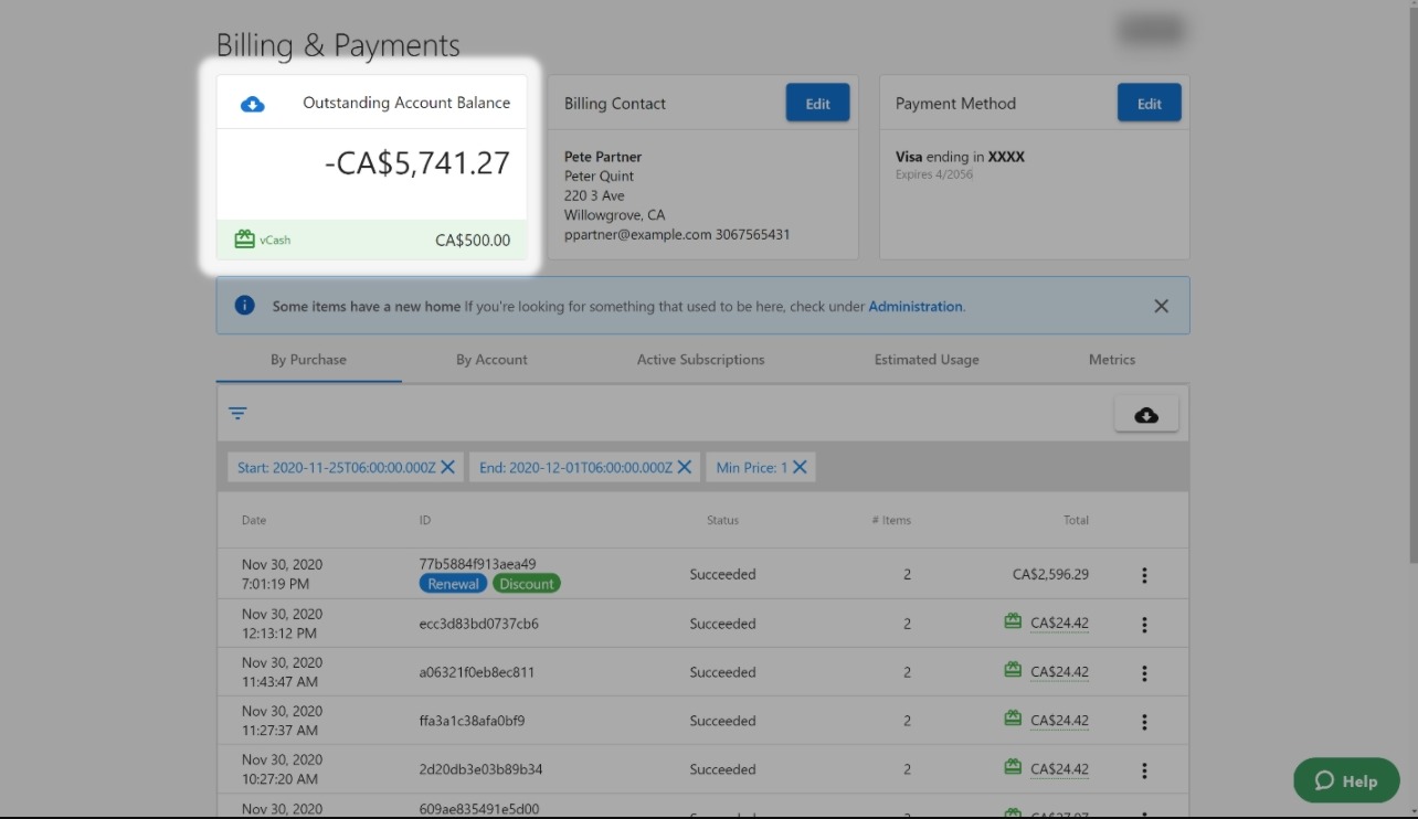 vCash balance screen