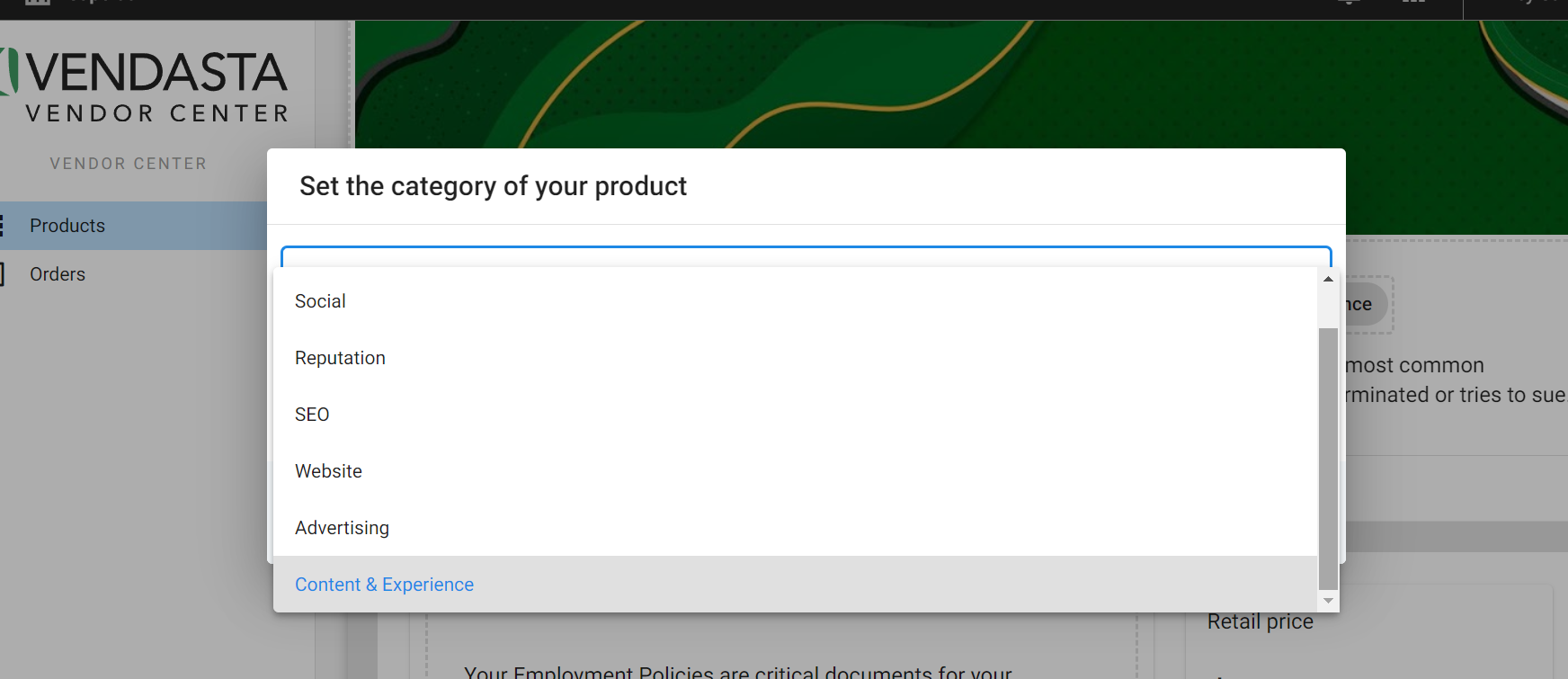 Vendor Center category options