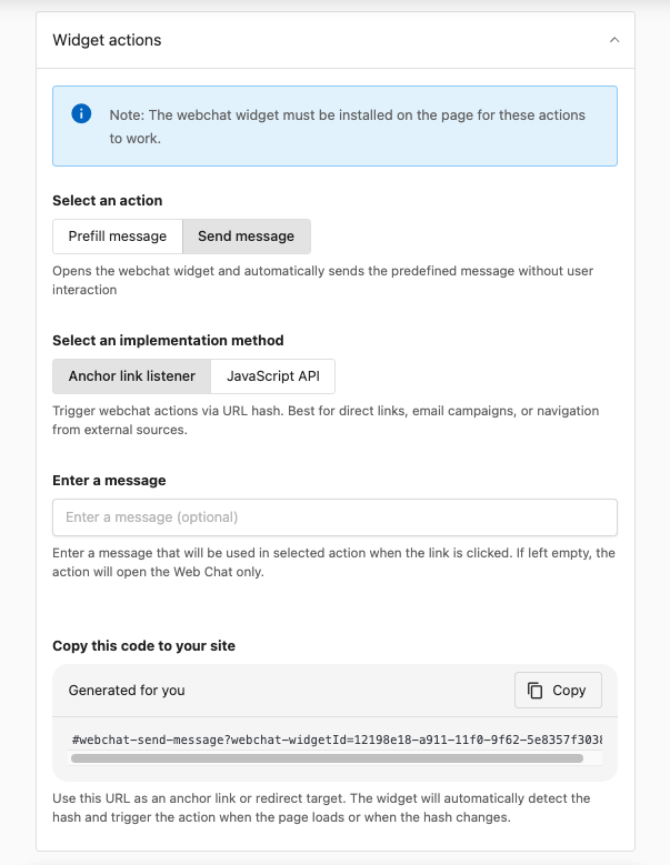 Widget Actions configuration interface