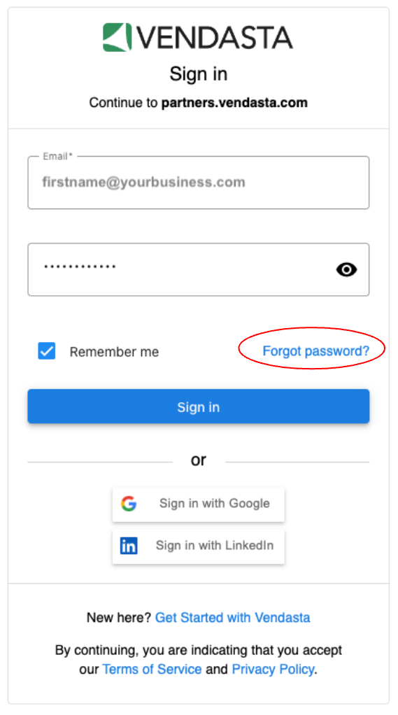 Password reset page