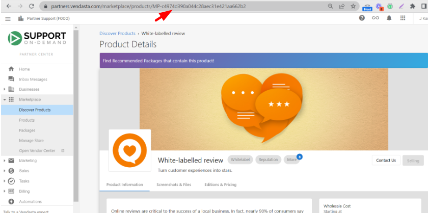 Browser address bar highlighting the Product ID segment in the URL