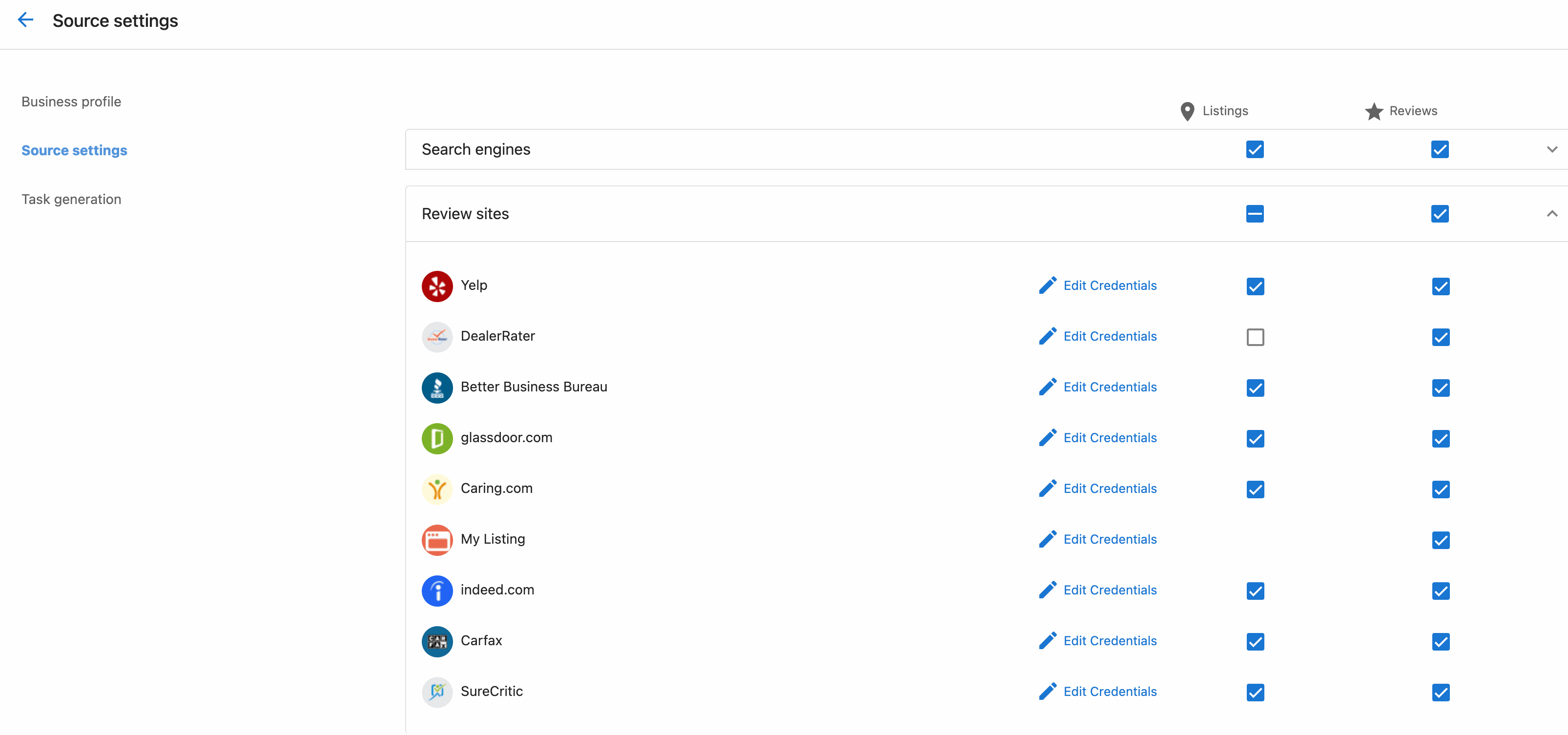Account settings credentials interface
