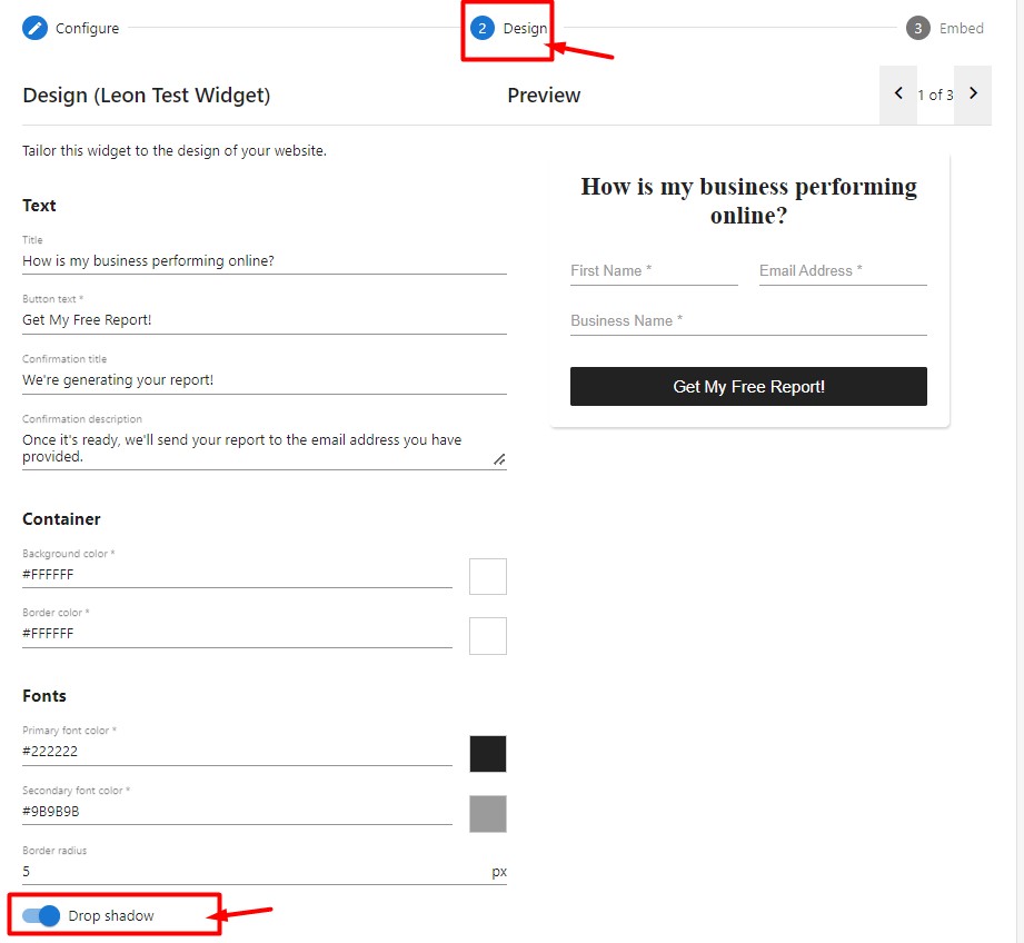 Drop shadow toggle in Acquisition Widget settings