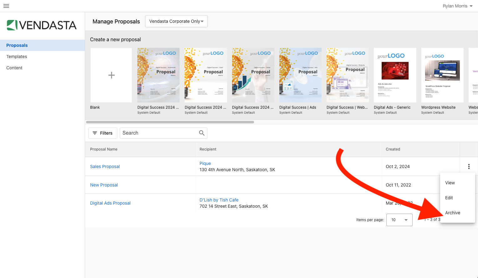 Archive button on the Manage Proposals page