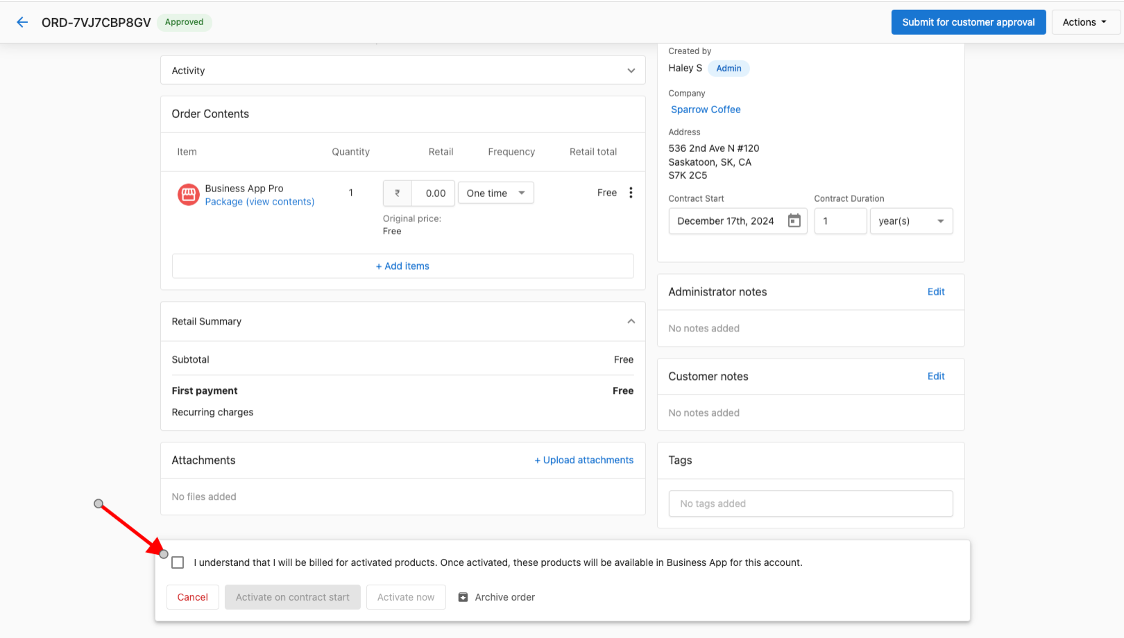 Billing agreement screen