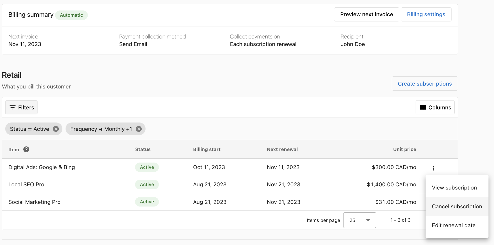 Cancel subscription option
