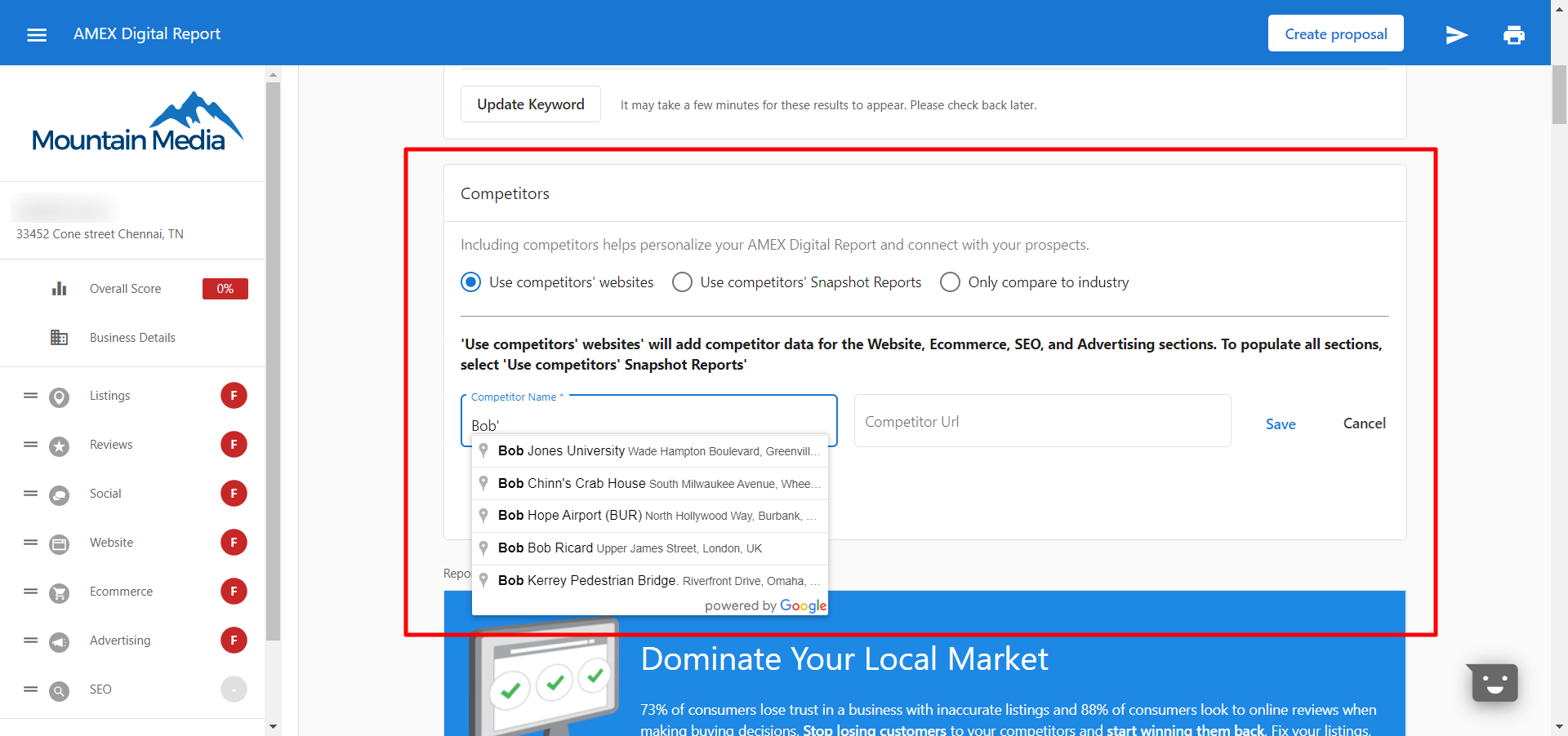 Adding competitor websites