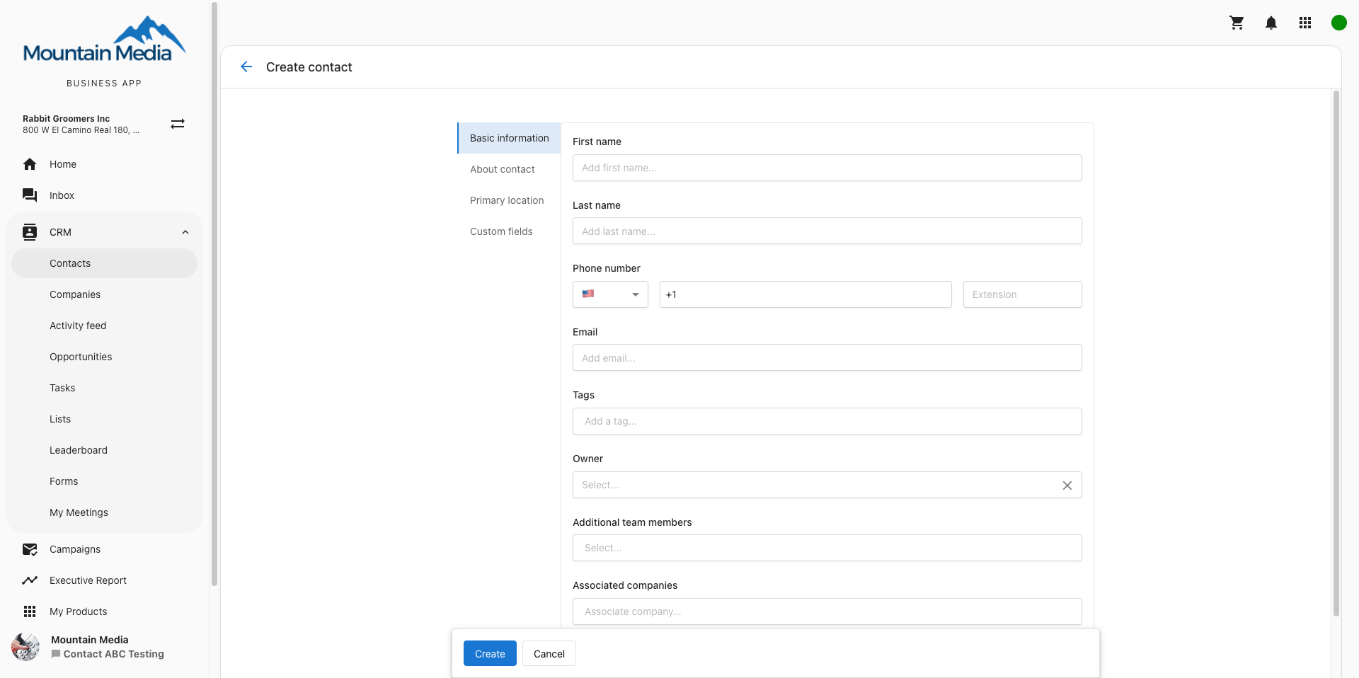 CRM Contacts section in Business App