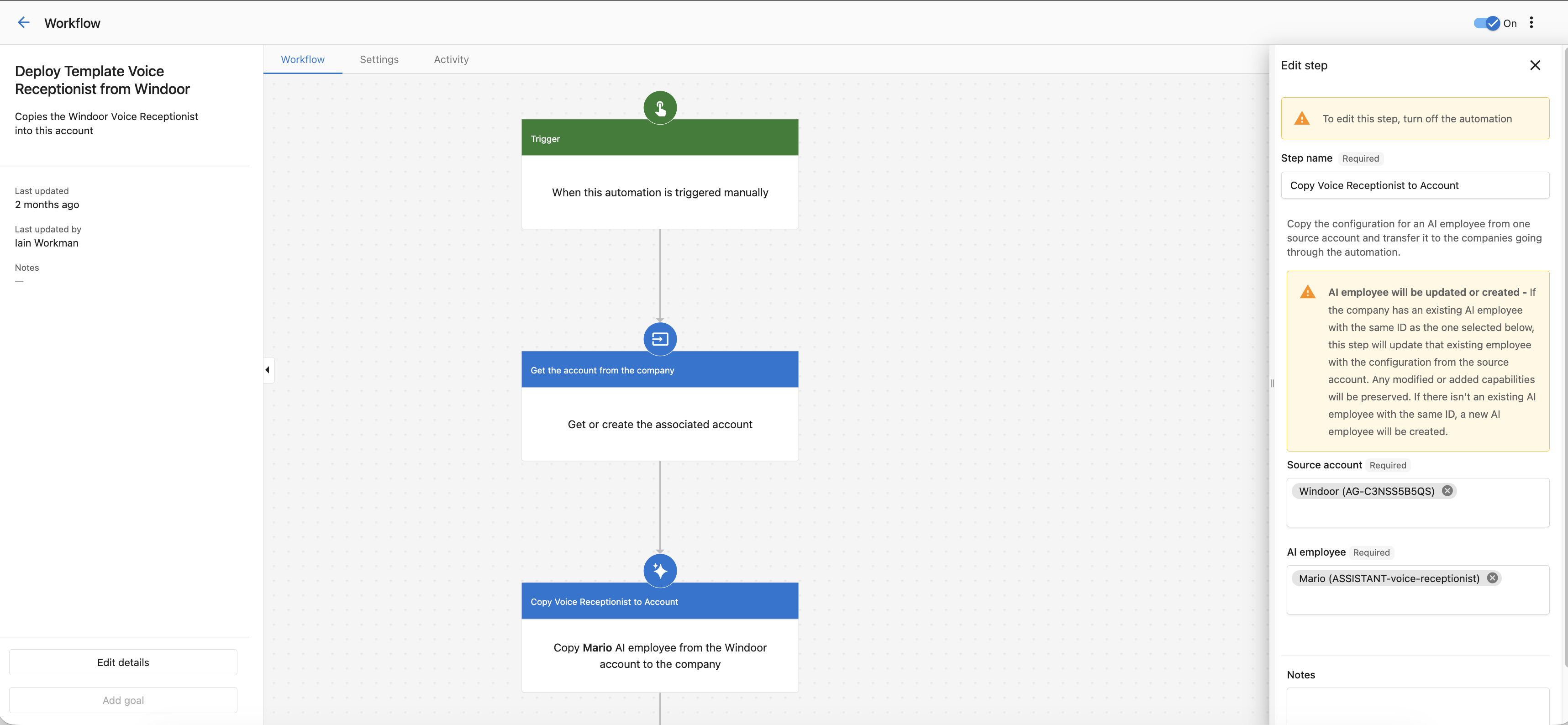 Configuration panel showing the Copy AI Employee Configuration action with source account and AI employee fields selected