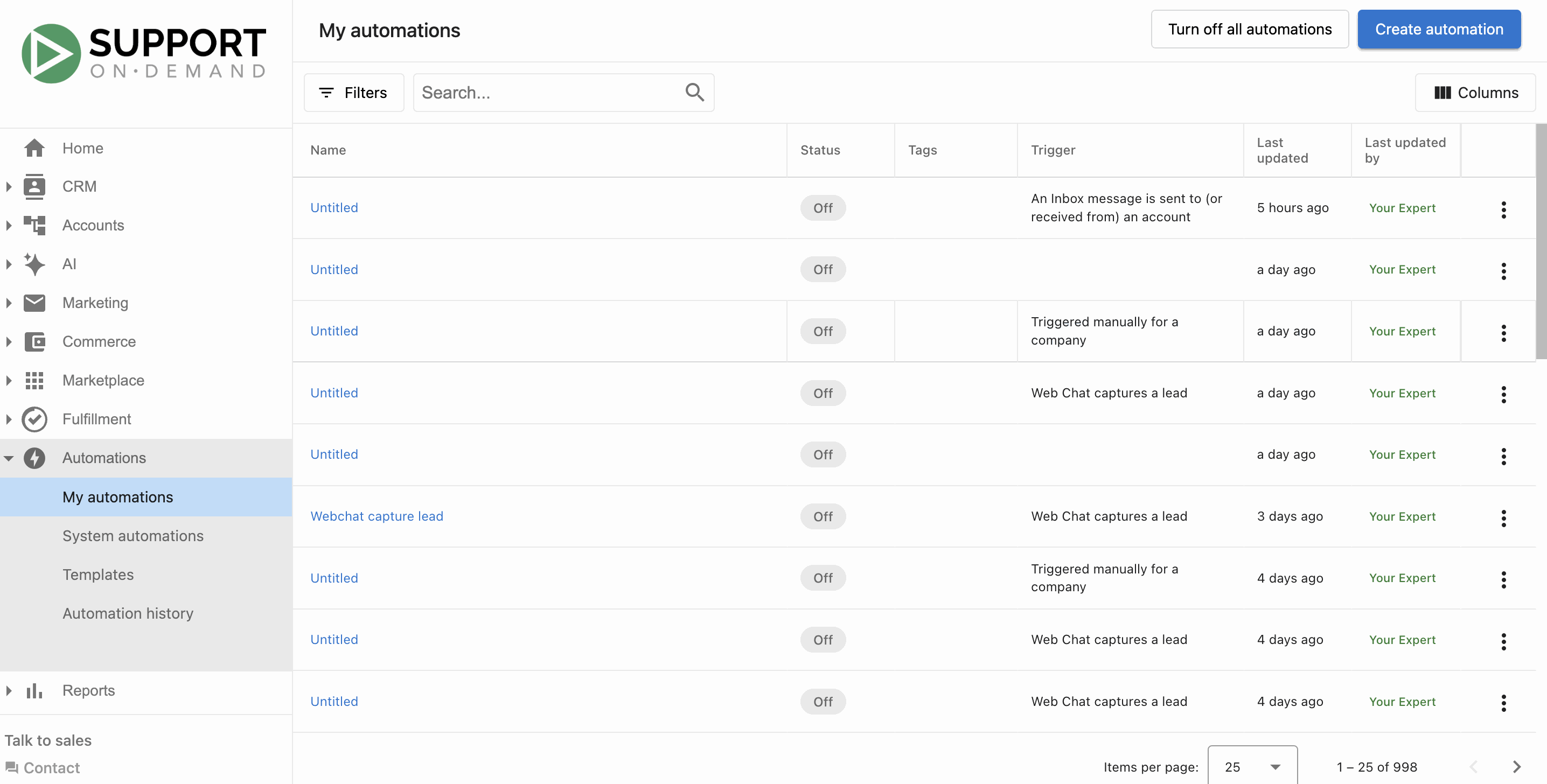 Create button in Automations section