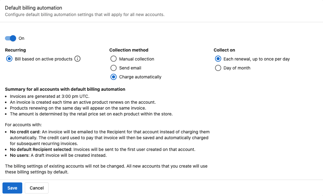 Default billing settings configuration page