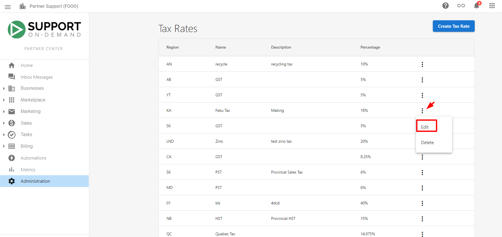 Edit tax rate option