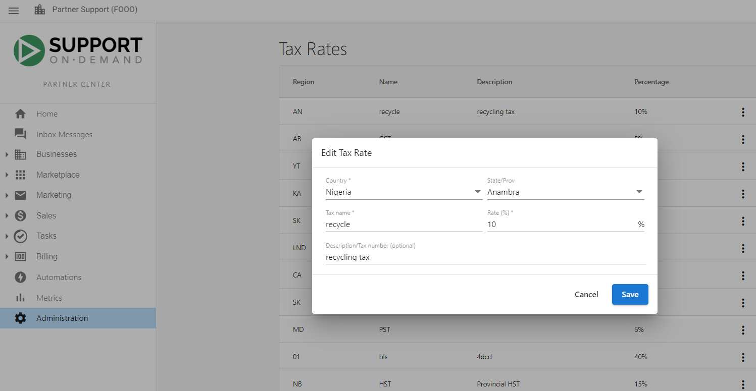 Tax rate editing fields