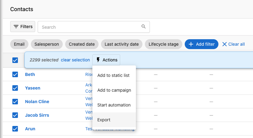 Actions menu open showing Export option