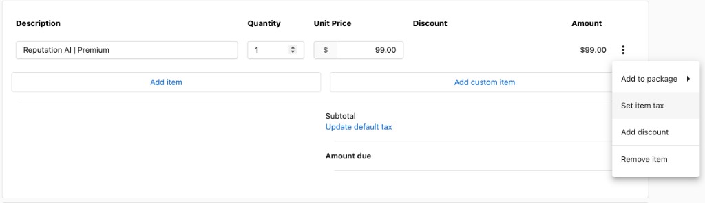 Invoice item options menu showing Add to package, Set item tax, Add discount, and Remove item