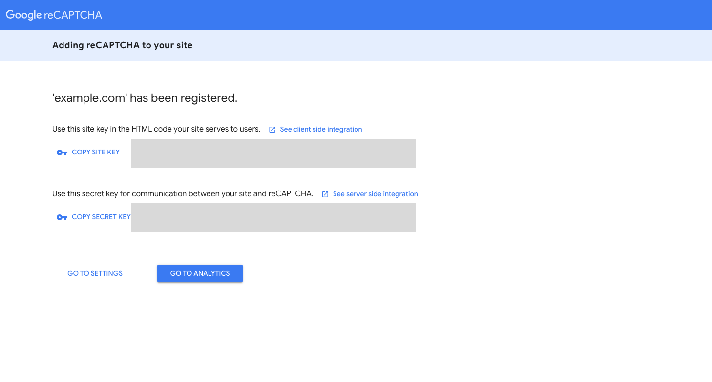 reCAPTCHA keys