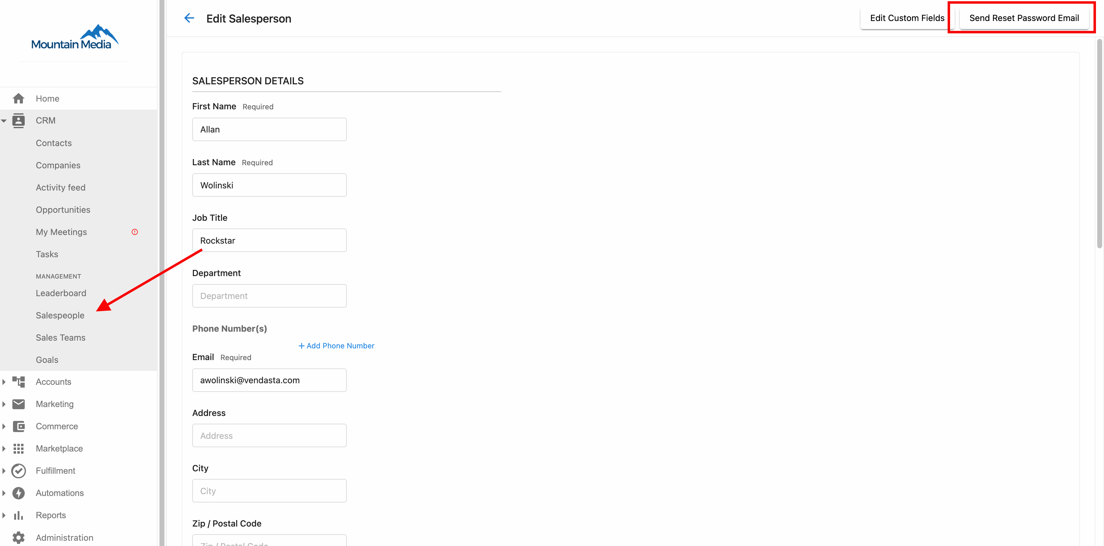 Reset password for Salespeople