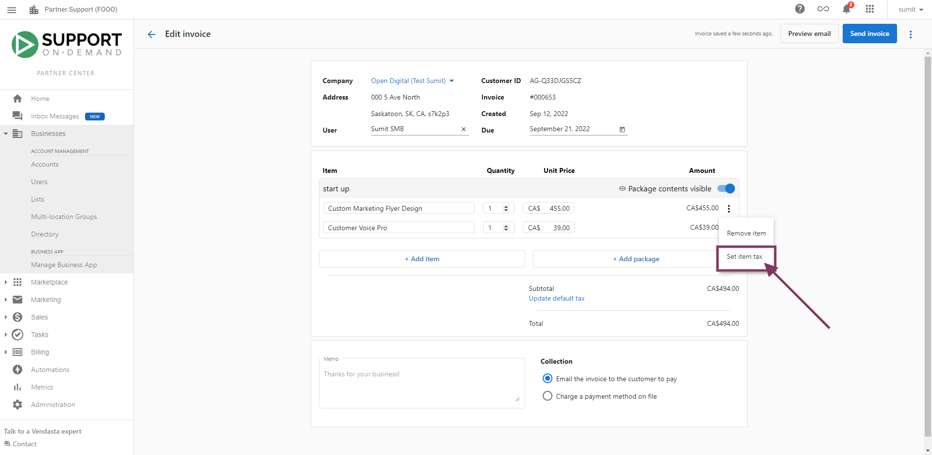 Setting item tax rate menu