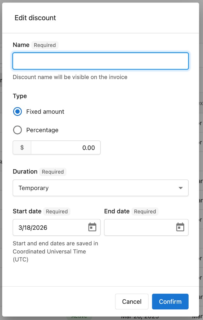 Subscription edit discount dialog with name, type, duration, and date fields