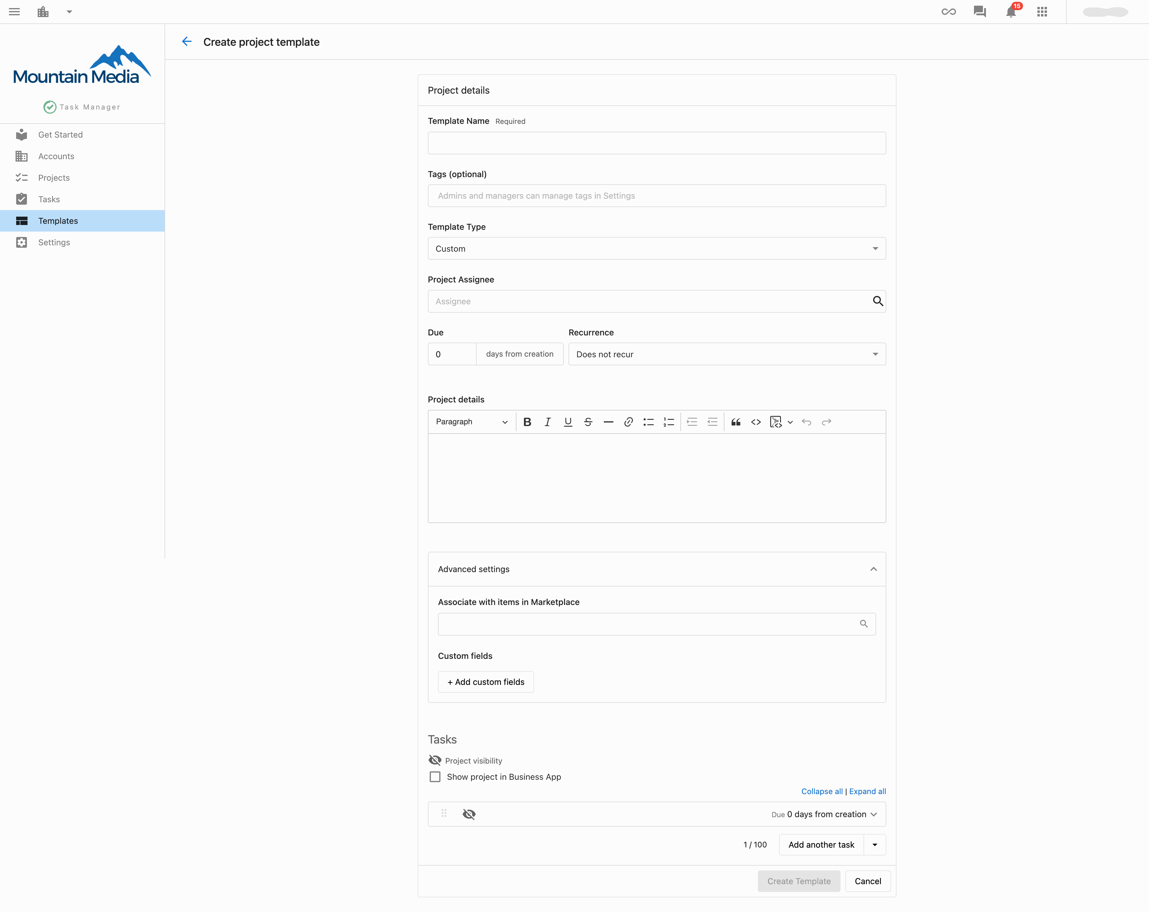 Create template button