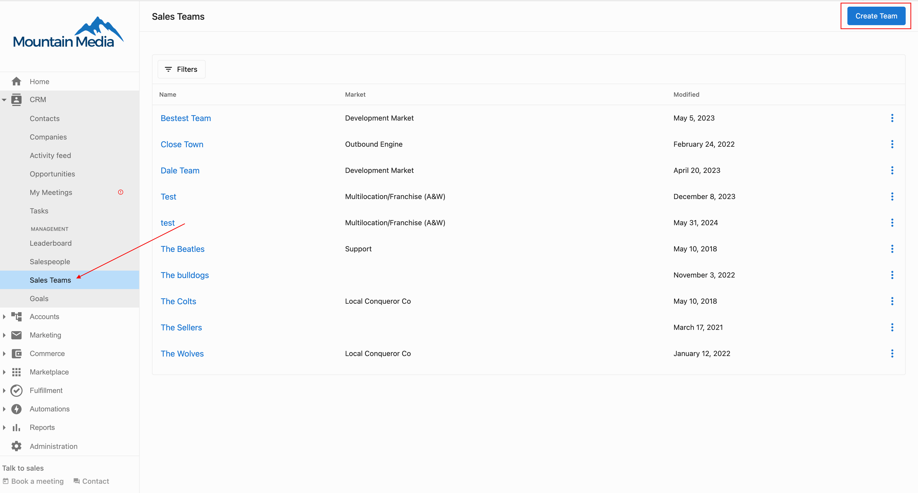 Team booking links admin view