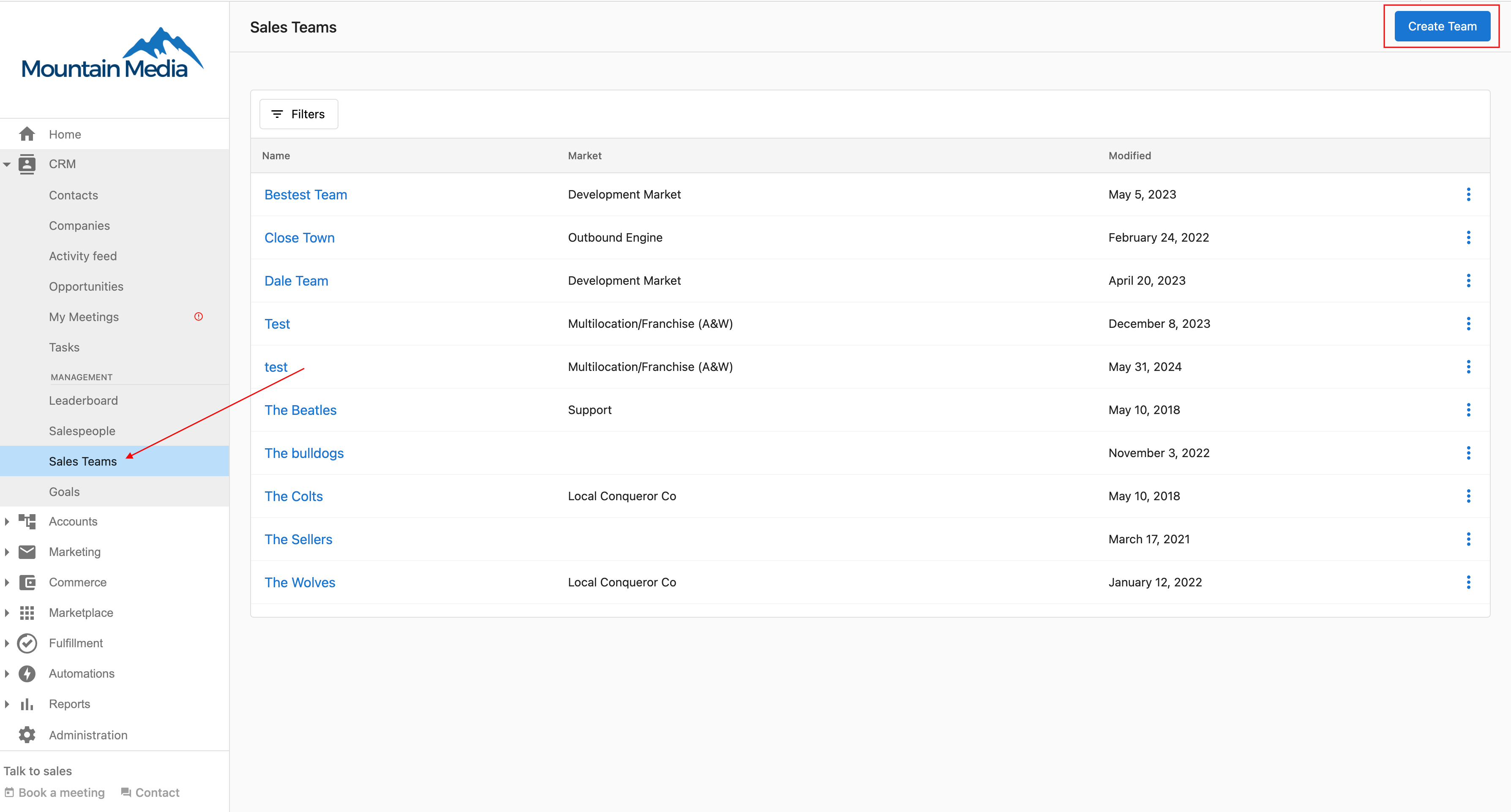 Team booking links admin view
