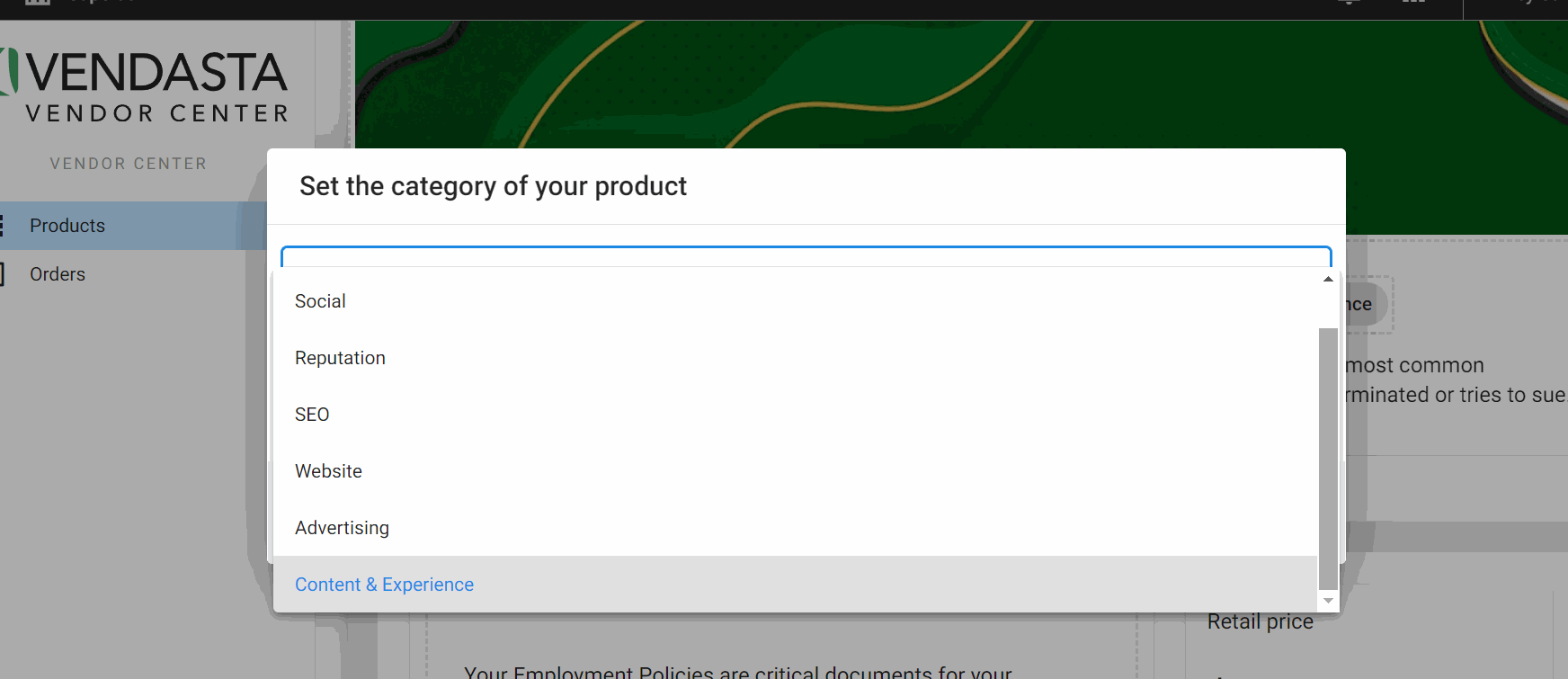 Vendor Center category options